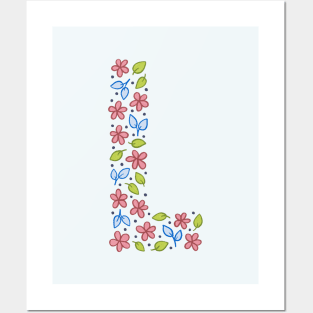 Floral Monogram Letter L - pink and blue Posters and Art